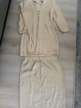 St. John Cream Knit Cardigan wool skirt Set